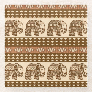 Posavasos De Vidrio Patrón de cosecha geométrica de elefantes étnicos