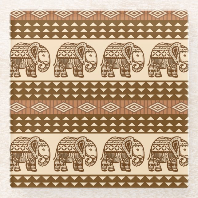 Posavasos De Vidrio Patrón de cosecha geométrica de elefantes étnicos (Anverso)