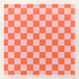 Posavasos De Vidrio Patrón de cuadros naranja y rosa