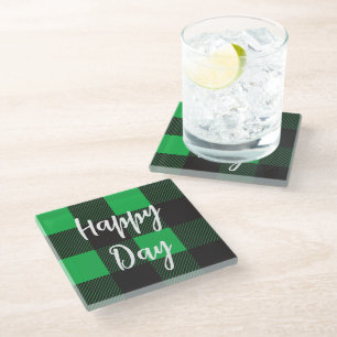 Posavasos De Vidrio Patrón de Cuadros Verde Feliz Día