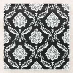 Posavasos De Vidrio Patrón de Damasco Rococó Blanco sobre Negro
