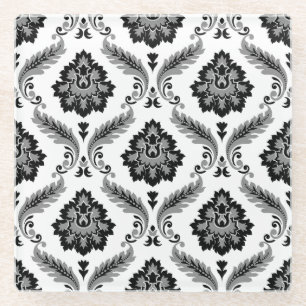 Posavasos De Vidrio Patrón de Damasco Rococó Gris Negro Blanco