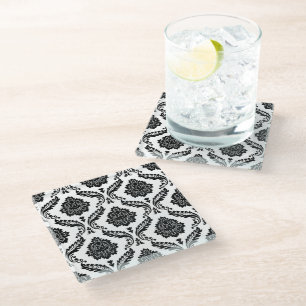 Posavasos De Vidrio Patrón de Damasco Rococó Negro sobre Blanco