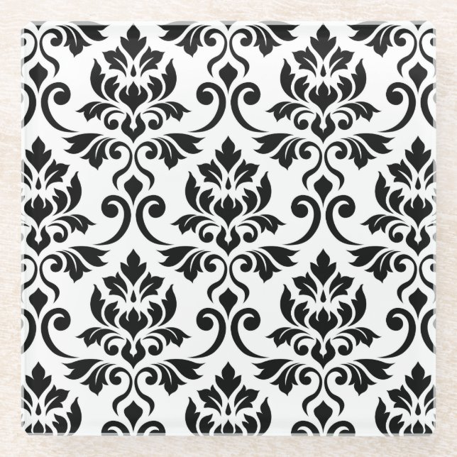 Posavasos De Vidrio Patrón de Damask de Feuille negro en blanco (Anverso)