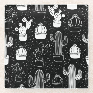 Posavasos De Vidrio Patrón de doodle de cactus en blanco y negro