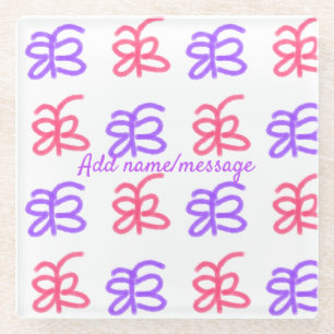 Posavasos De Vidrio Patrón de doodle de mariposa rosa morado agregar t