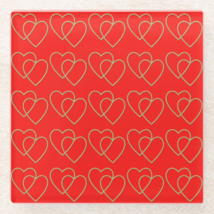 Posavasos De Vidrio Patrón de dos corazones amorosos dorados