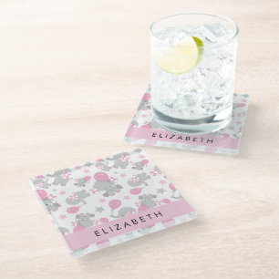 Posavasos De Vidrio Patrón De Elefantes, Elefantes Cutos, Tu Nombre