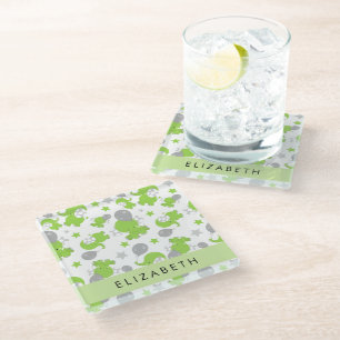 Posavasos De Vidrio Patrón de elefantes verdes, estrellas, tu nombre