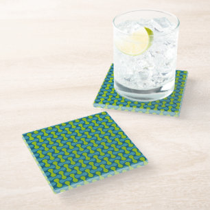 Posavasos De Vidrio Patrón de enlace moderno retro en azul y verde