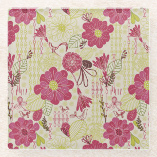 Posavasos De Vidrio Patrón de esbozo de floral y pájaros retro