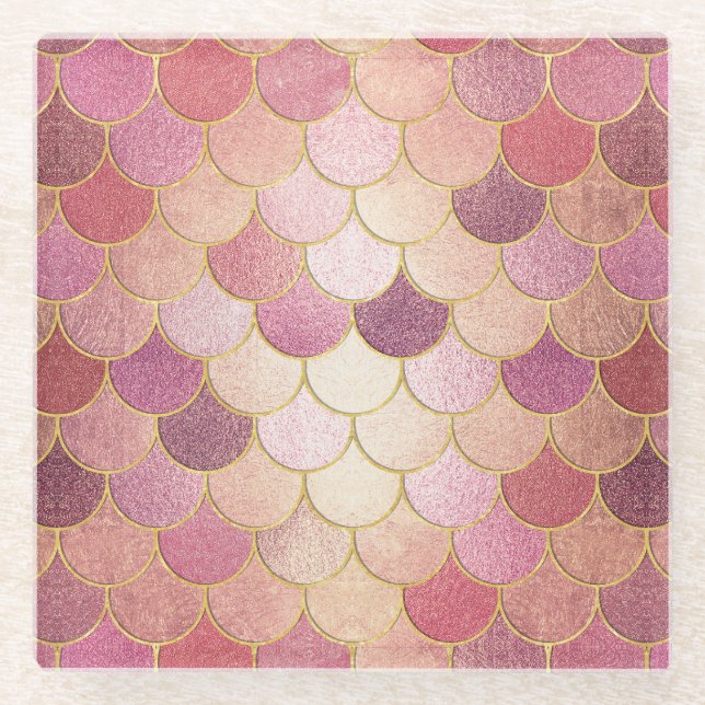 Posavasos De Vidrio Patrón de escala de sirena de Rosa Gold Shimmer (Anverso)