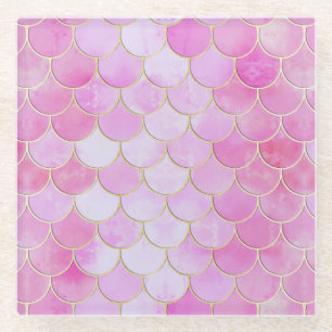 Posavasos De Vidrio Patrón de escala de sirena para pasteles rosados y