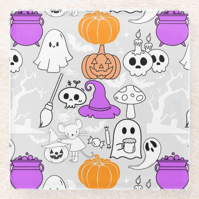 Posavasos De Vidrio Patrón de espantosidad de Halloween 01 L Gris BG (Anverso)