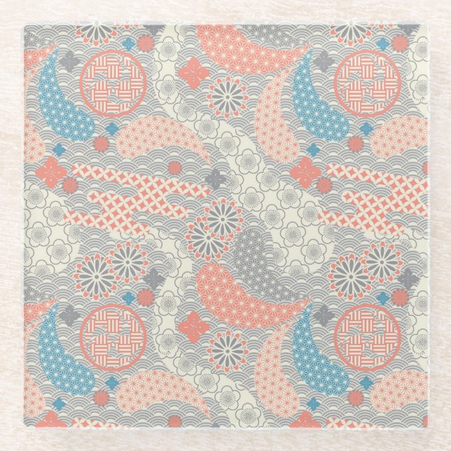 Posavasos De Vidrio Patrón de estilo japonés. Ilustracion. (Anverso)