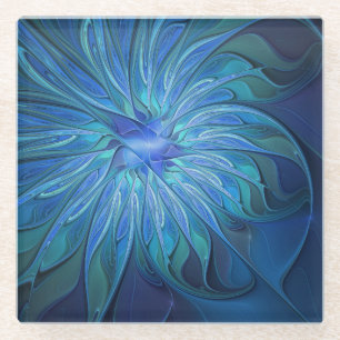 Posavasos De Vidrio Patrón de fantasía de flor azul, arte fractal abst