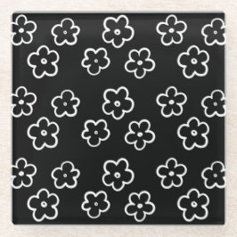 Posavasos De Vidrio Patrón de flor blanco y negro