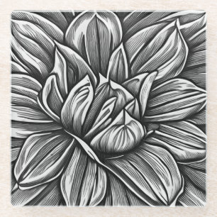 Posavasos De Vidrio Patrón de Flor de Peonía Gigante en Blanco y Negro