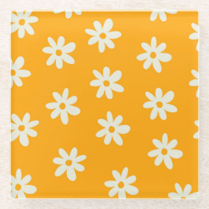 Posavasos De Vidrio Patrón de Flor Simple Floral Amarillo Retro Blanco