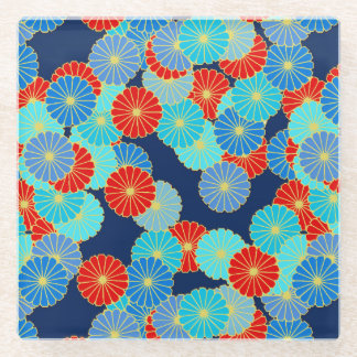 Posavasos De Vidrio Patrón de flores Art Decó - azul, turquesa y rojo