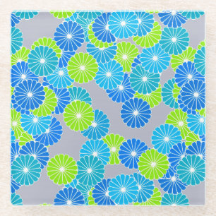 Posavasos De Vidrio Patrón de flores Art Deco - azul y verde lima