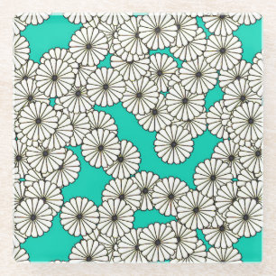 Posavasos De Vidrio Patrón de flores Art Decó - blanco sobre turquesa