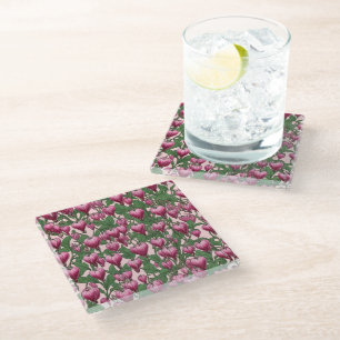 Posavasos De Vidrio Patrón de flores cardíacas de hemorragia rosa