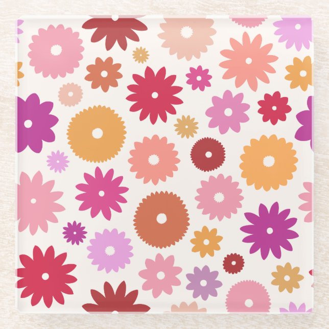 Posavasos De Vidrio Patrón de flores coloridas (Anverso)