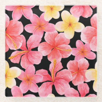 Posavasos De Vidrio Patrón de flores de color acuático Plumeria Hibisc