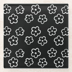 Posavasos De Vidrio Patrón de flores en blanco y negro