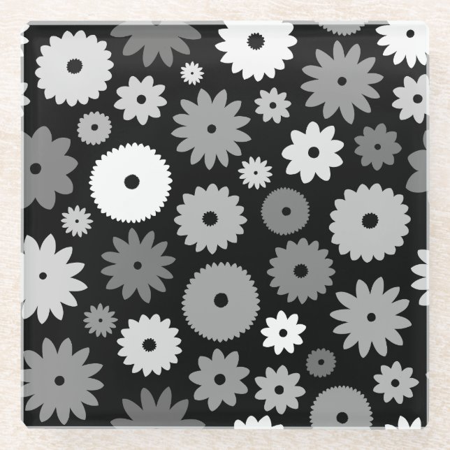 Posavasos De Vidrio Patrón de flores monocromas (Anverso)