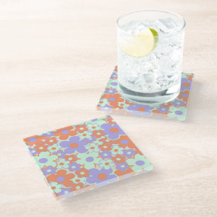 Posavasos De Vidrio Patrón de flores retro Y2K años 70 naranja púrpura