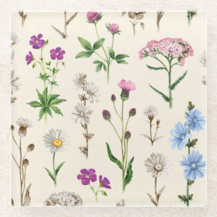 Posavasos De Vidrio Patrón de flores silvestres acuáticas.