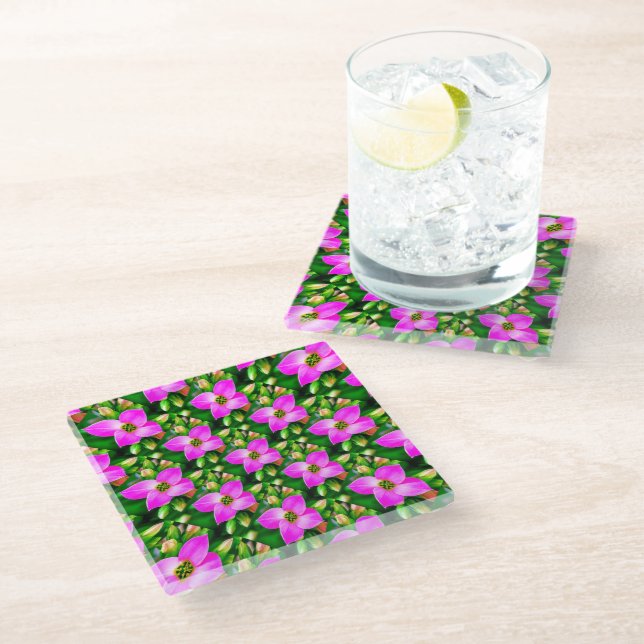 Posavasos De Vidrio Patrón de flores tropicales rosadas (Angular)