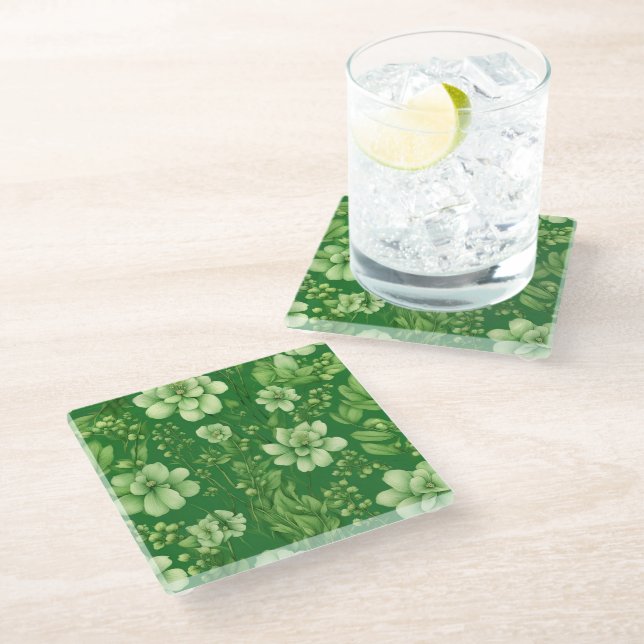 Posavasos De Vidrio Patrón de flores verdes botánicas (Angular)