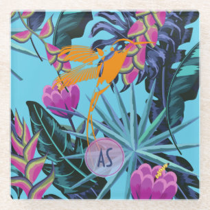 Posavasos De Vidrio Patrón de follaje tropical audaz con colibrí