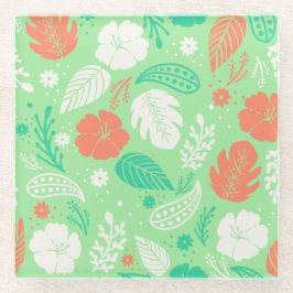 Posavasos De Vidrio Patrón de follaje tropical verde y Naranja