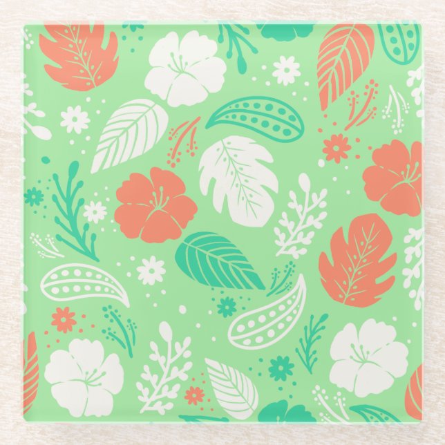 Posavasos De Vidrio Patrón de follaje tropical verde y Naranja (Anverso)