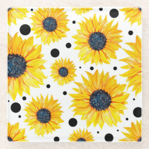 Posavasos De Vidrio Patrón de fondo blanco de girasoles amarillos