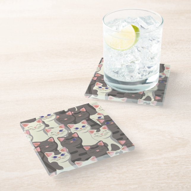 Posavasos De Vidrio Patrón de gatos blancos y grises (Angular)