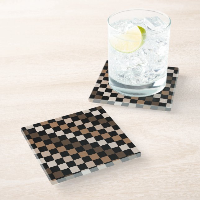 Posavasos De Vidrio Patrón de Gingham negro negro marrón (Angular)