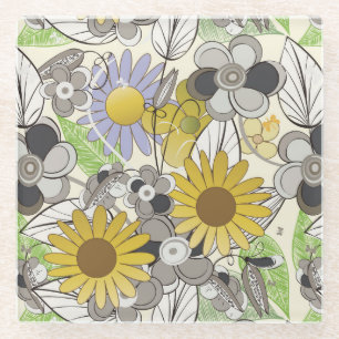 Posavasos De Vidrio Patrón de girasol y mariposa dibujado a mano