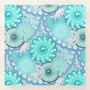 Posavasos De Vidrio Patrón de giro fractal, azul claro y Aqua