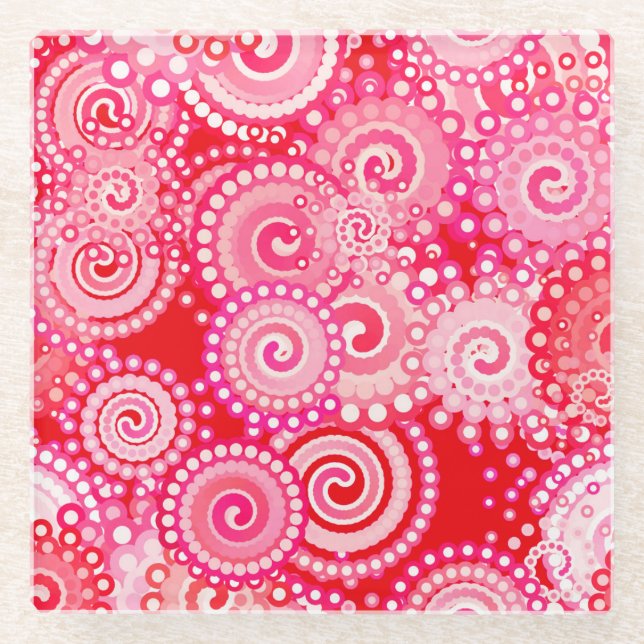 Posavasos De Vidrio Patrón de giro fractal, rojo y rosa caliente (Anverso)