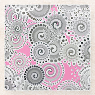 Posavasos De Vidrio Patrón de giro fractal, rosa y gris