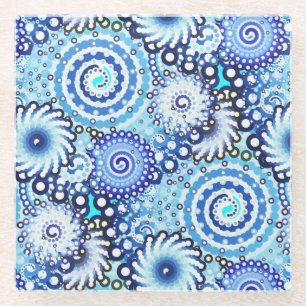Posavasos De Vidrio Patrón de giro fractal, tonos azules