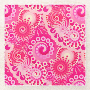 Posavasos De Vidrio Patrón de giro fractal, tonos fucsia rosados