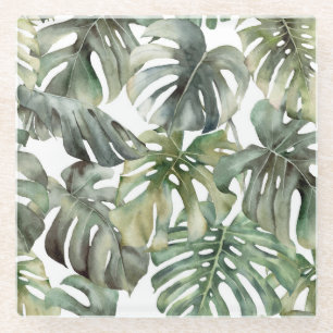 Posavasos De Vidrio Patrón de gran acuarela de monstera tropical