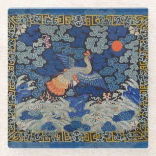 Posavasos De Vidrio Patrón de grulla china vintage: azul imperial
