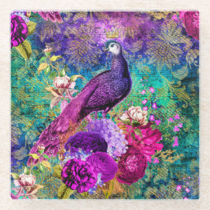 Posavasos De Vidrio Patrón de grunge de pavo real ilustrado con vintag